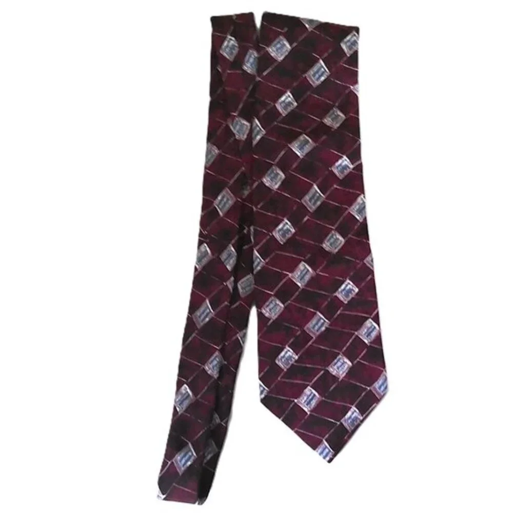 Vintage Savile Row Men's Neck Tie 100% Italian Silk Burgundy Cream & Gray EUC